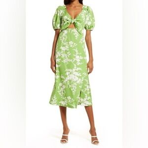 Chelsea28 Green Ivory Floral Tie Front Midi Dress Puff Sleeves Women’s Size M